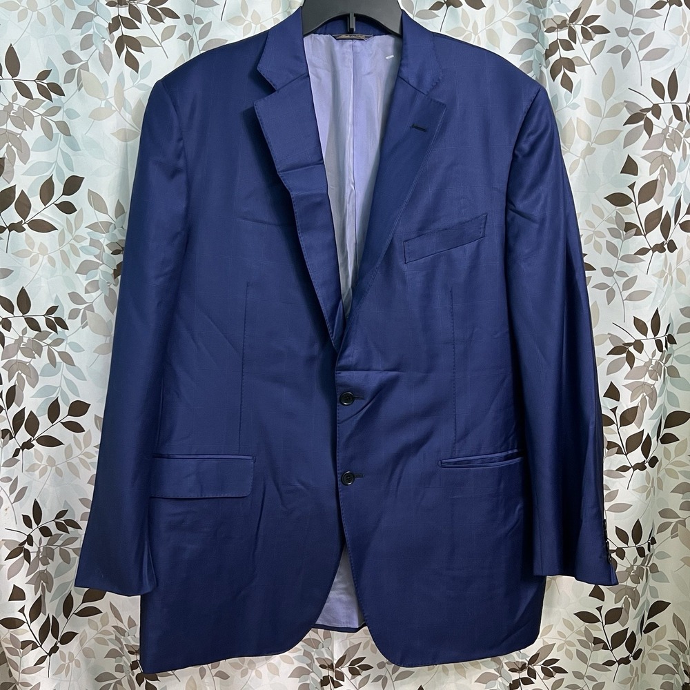 E Thomas Scuderi Boyd's Blue Windowpane Blazer {58 IT Fits 46} Slim Jacket Wool